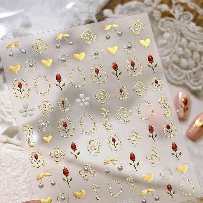 Flower Nail Stickers 3D Self Adhesive Tulip Floral Nail Art Stickers 5D Embossed Pearl Hearts Nail Decals Gold Lines Nail Art Supplies Cute Nail Design for Women Girls 1 Sheets