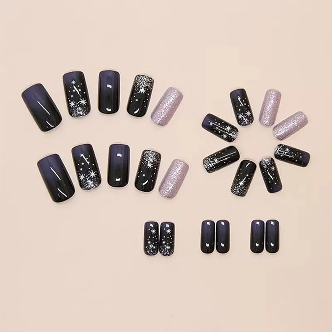 Black Press on Nails Short Square 24 Pcs Glossy Full Cover Stick on Nails Gradient False Nails with Starry Night Designs Reusable Acrylic Glue on Nails for Women Girls Gel Nail Strips