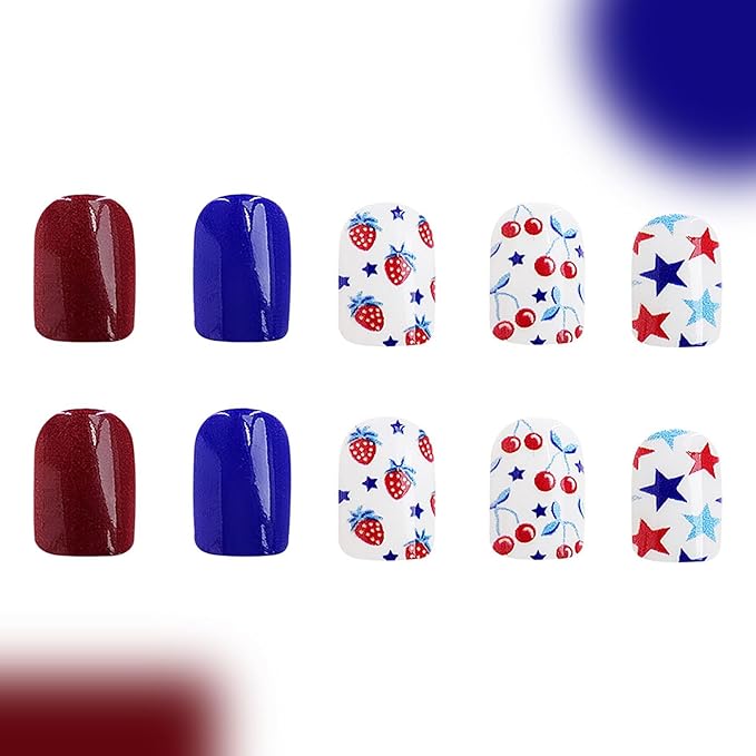 4th of July Press on Nails Short Square Fake Nails with America Flag Design Patriotic Pattern False Nails Strawberry Cherry Stick on Nails Glossy Acrylic Press on Nails for Independence Day 24Pcs