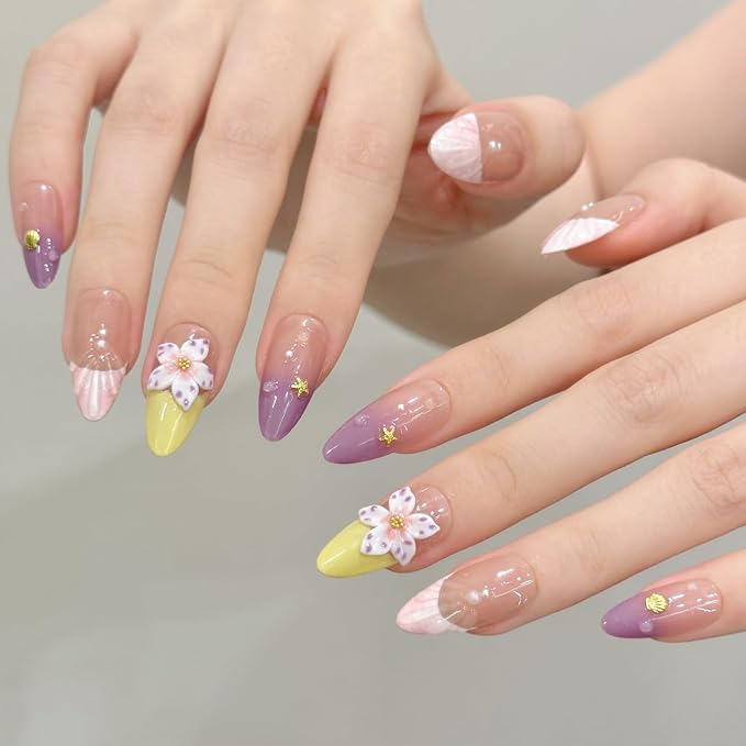 3D handmade nails press on false nails,Thick Strong Waterprooft almond hand-painted pink purple yellow flower pearl acrylic fake nails designed kit,10 Nails, Size L #2896
