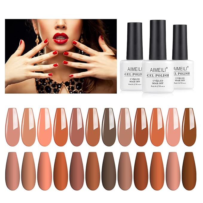 AIMEILI Soak Off U V LED Nude Brown Gel Nail Polish Color, Nudes Neutral Color Gel Kit for Halloween Nail Art Gifts for Women Mother Gift Set Of 12pcs X 8ml - Kit Set 1
