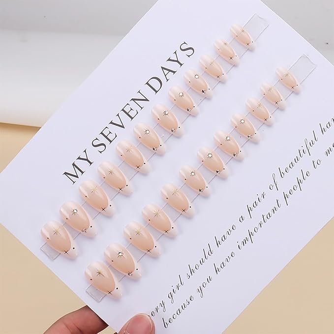 Star Rhinestones Press on Nails Medium Almond White Tips Glossy False Nails Stick on Design Full Cover Artificial Glue on for Women Girls DIY Art Decoration 24pcs