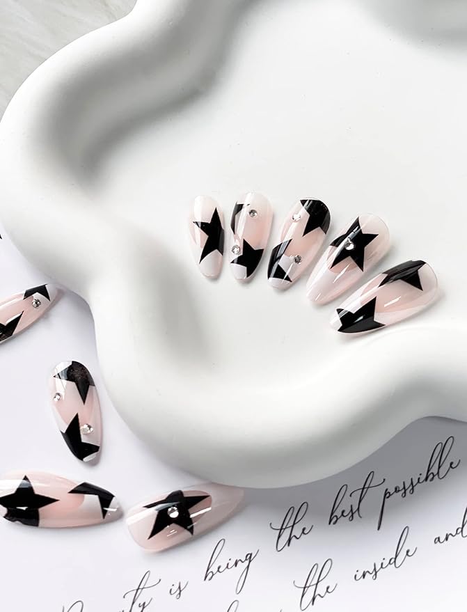 Press On Nails Medium Almond French Tip Fake Nails Full Cover False Nails with Black Stars Designs Y2K Press On Nails Glossy Acrylic Rhinestones Artificial Nails for Women Girls 24 Pcs