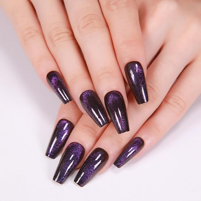 Press On Nails - Midnight Purple | Dark Purple Glitter Velvet Nails, Medium Coffin Squared Press On Nails with Cat Eye Design for Women and Girls, 24 Pcs Reusable Fake Nails