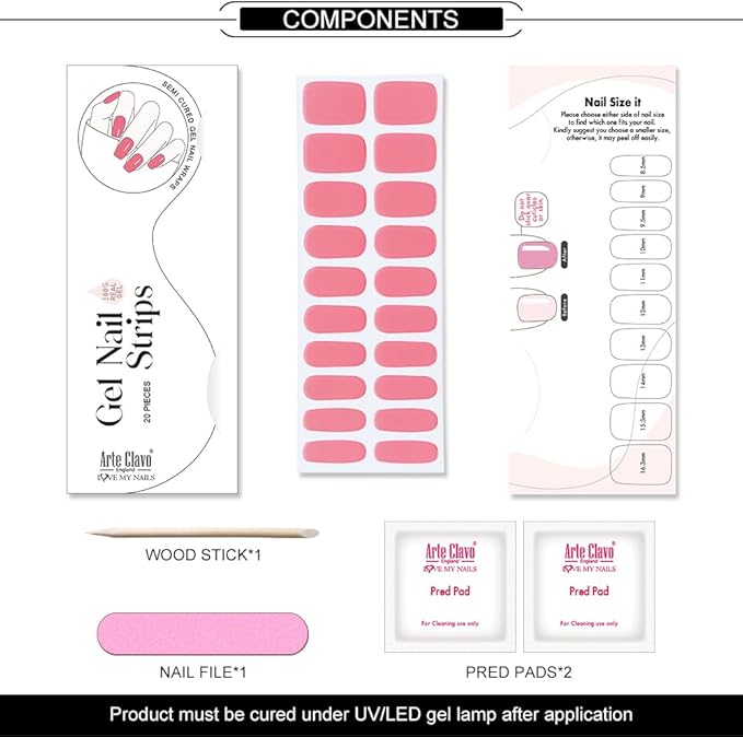 Arte Clavo Semi Cured Gel Nail Strips, 20 Pcs Gel Nail Stickers with UV Light Required, Salon Quality, Long Lasting, Easy Apply and Remove (Bright Coral)