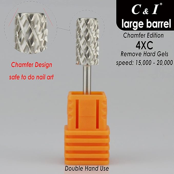 C & I Large Barrel Nail Drill Bit, Chamfer Edition, Professional E-File for Nail File Machine, Designed to Remove Nail Gels, Acrylics, and other nail color covers 3/32” (Ultra Coarse - 4XC)
