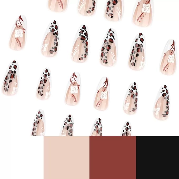 Fall Press on Nails Medium Almond Fake Nails with Leopard Print Design - Flower Full Cover Stick on French Tip False Nails for Women Manicure 24 Pcs