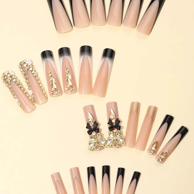 RTKHFZE Extra Long Square Press on Nails Glitter Black and Nude Fake Nails with Bow Design,Valentine'S Day Press on Nails Hot Girls False Nails 24pcs