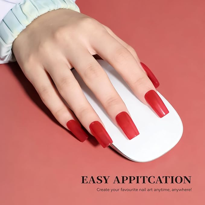 Semi Cured Gel Nail Strips Red Solid Gel Nail Stickers with UV/LED Required Long Lasting Gel Nail Stickers Includes 22 Strips 2 Prep Pads, Nail File & Wooden Stick