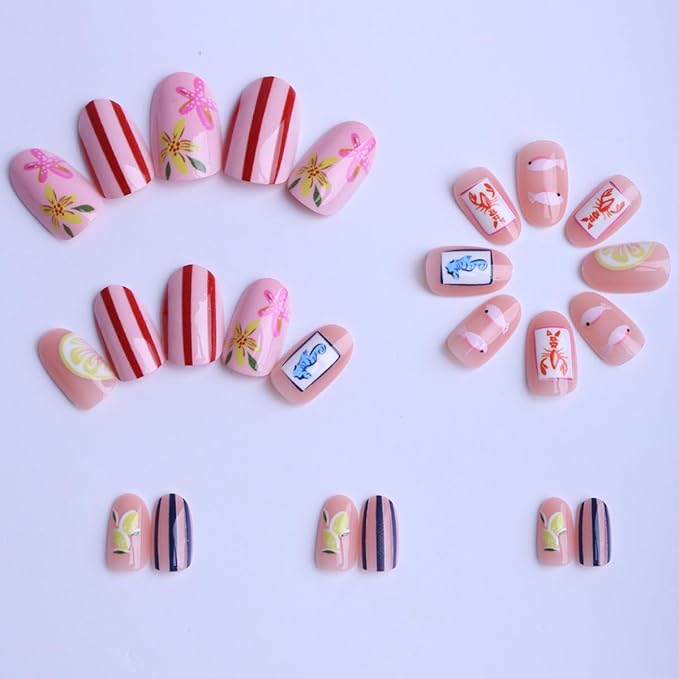 Cute Summer Press on Nails Short Oval Fake Nails Beach Nails Press ons with Lemon Flower Stripe Seahorse Fish Design,Reusable & Easy Apply Stick on Nails for Women Manicure 24Pcs
