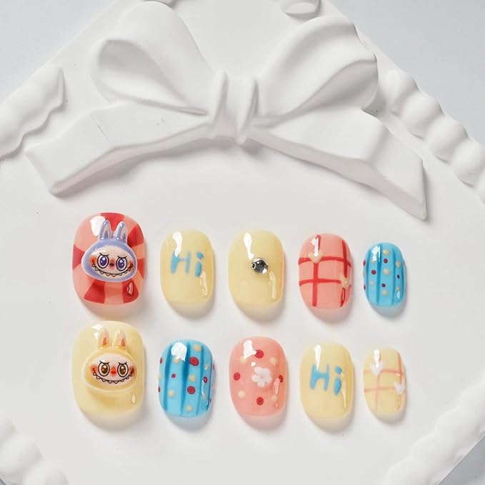 Cartoon Press on Nails Extra Short Square - 3D Cute Charms Design, Colorful Mini Figure False Nails for Women and Girls (Cartoon-B,S)