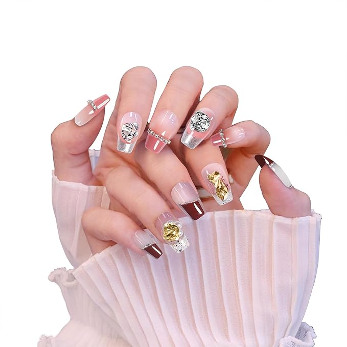 2 Packs Press On Nails Handmade Rhinestones Charms DIY Reusable Adhesive Tabs False Fake Nail, Set #02, Size L
