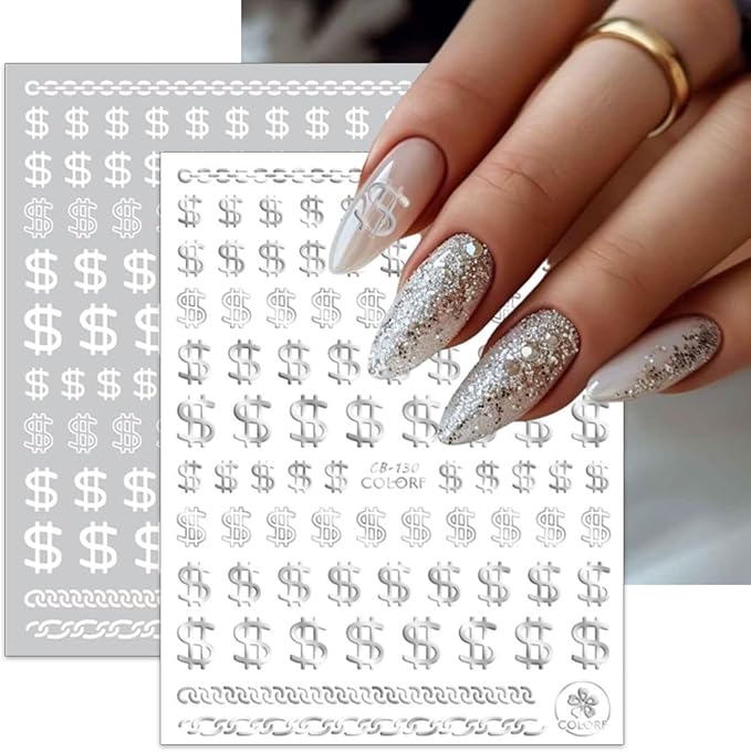 Dollar Nail Stickers 12Sheets Money Nail Art Stickers Decal 3D Self-Adhesive Money Dollar Nail Decals Pegatinas Uñas DIY Black White Gold Silver Design Nail Stickers for Women Girls Manicure…