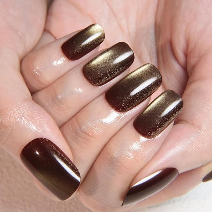 Brown Khaki Reflective Cat Eye Press on Nails Medium Square, Medium Square Press Stick on Nails Chrome for Women, Holographic Glitter Glossy Reusable Gel Acrylic Fake Nail with Designs Cateye Effect