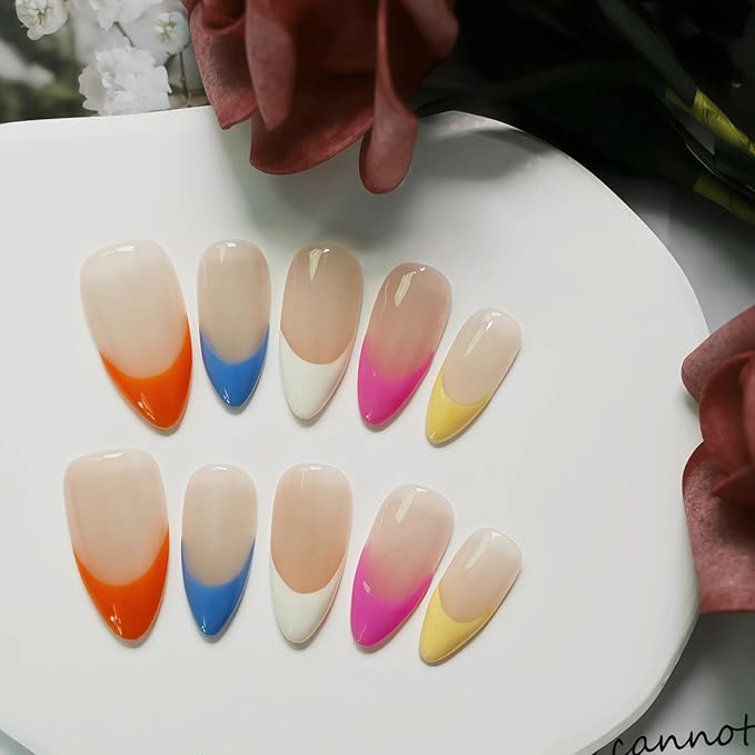 Colorful French Tip Press on Nails Medium Almond - Rainbow Edge Fake Nails Nude Sheer False Nails with Glossy Acrylic Stick on Nails for Women Girls (Colorful Nude French,M)