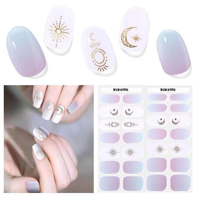 Semi Cured Gel Nail Strips, 28 pcs Gel Nail Stickers, Work with Any UV Lights, Long-Lasting Nail Wraps, Stick on Nails for women Easy to Apply & Remove