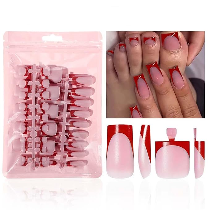 60Pcs Red French Tip Press on Nails & Press on Toenails Set, Square Press on Nails Medium Fake Nails Red French Press on Toenails Full Cover Stick on Press ons for Women
