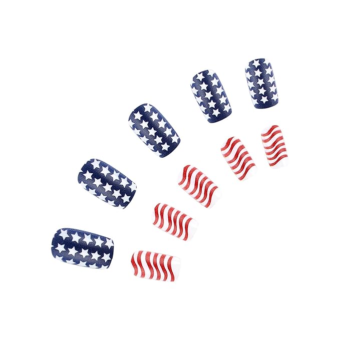 4th of July Press on Nails Short Square America Flag Fake Nails Full Cover Striped Stars False Nails with Designs Glossy Glue on Nails USA Acrylic Nails Handmade Acrylic Nails for Women Girls 24Pcs