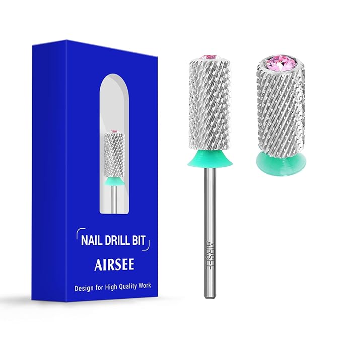 AIRSEE Tungsten Carbide Acrylic Nail Drill Bit Efile Electric File Machine Head Tip for Manicure Polishing Art Remove Gel 3/32" 2 Way Beginner Safety Pink Crystal Top Barrel Coarse-C