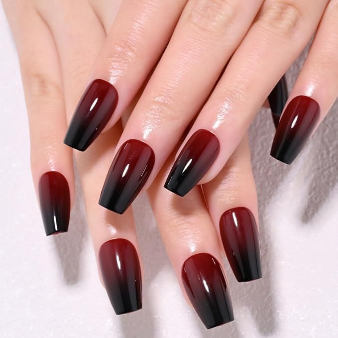 Black Dark Red Ombre Glossy Press on Nails Coffin Acrylic Fake Nails Stylish Design, Natural Reusable Nails Kit for Women DIY False Nail Art Decoration Gift, Salon Quality Reusable 15/30 Pcs