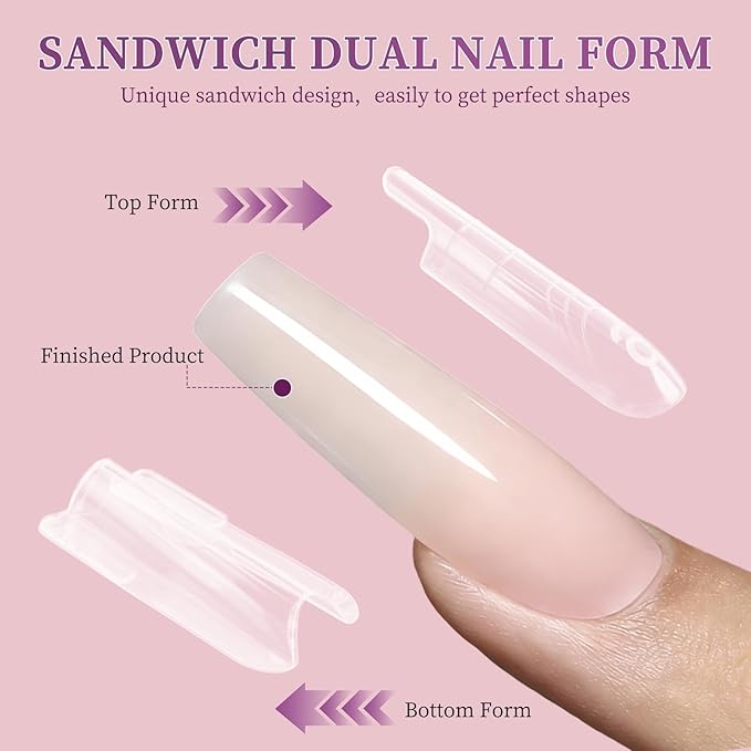 280Pcs Sandwich Dual Nail Forms - 14 Sizes Oval Shape for Builder Gel, Reusable Full Cover Nail Extension Molds for Professional Salon & Home DIY