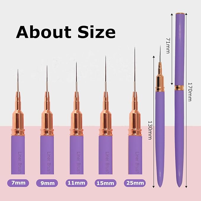 Thin Fine Line Nail Art Brush, 5 Pack Skinny Detail Long (25Mm) Medium(15/11/11Mm) Short (9Mm) Bristle Nails Brushes for Nails Art Painting Drawing - Purple