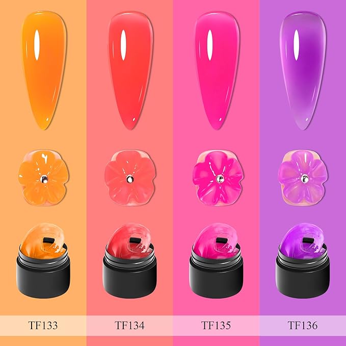 MEET ACROSS 9Pcs 3D Builder Gel Kit for Nail Art Hot Pink Orange Purple Non Sticky Hand Carving Extension Solid Builder Gel for Nails with Silicone Pen Manicure Kit 4 Colors