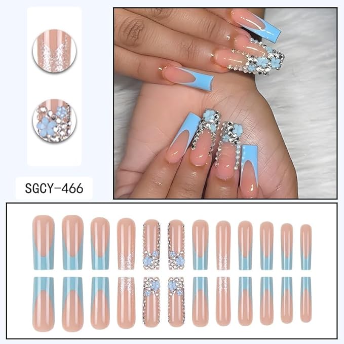 Long Press on Nails Square Fake Nails French Tip False Nails Blue Artificial Nails with Designs Stick on Nails for Women 24pcs