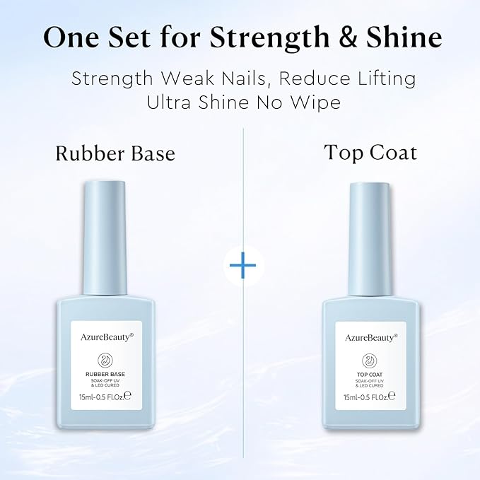 AZUREBEAUTY 15ml Rubber Base Gel Polish and No Wipe Top Coat Set, Builder Base Coat and Ultra Shine Top Self Leveling Apex Building Nail Strengthener, Long Lasting for Thin Weak Brittle Nails
