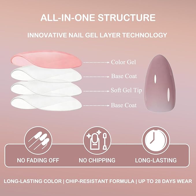 Misscheering Medium Almond Shape 140 Pcs 5 Colors Gradient Nude Press On Nails, Soft Gel Full Cover Fake Nails Kit, All-in-One Structure Technology Long-Lasting 28-Day Wear, Chip-Resistant & No Fade