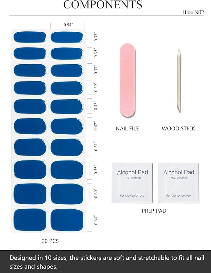 Semi Cured Gel Nail Strips (Blue N02), 20 Pcs Gel Nail Wraps, Stickers, Salon Quality, Long Lasting, Works with Any UV Lamps