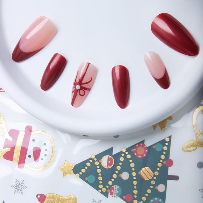 24pcs Red French Tip with Bow Medium Almond Press On Nails, Reusable Nail Kit with Adhesive Tabs, 11 Sizes (Red Bow)