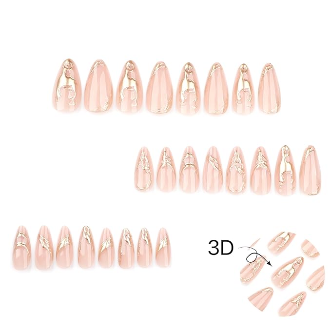 Gold Press On Almond False Nails - Medium Fake Nails with 3D Gold Chrome Design - Glossy Full Cover Stick On Press Ons for Women - 24 Pcs