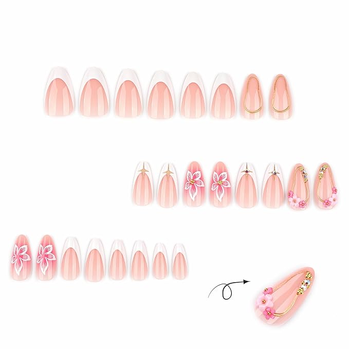 Press on Nails Almond - Medium Fake Nails with Flower Design - Gold Line, White French Tip False Nails - for Women 24 Pcs