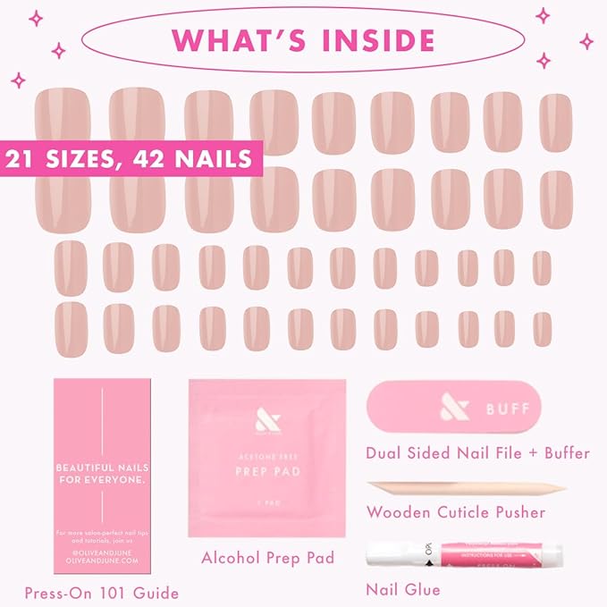 Olive & June Instant Mani Press-On Nails (Glue) | 42 Fake Nails, 21 Sizes | Non-Toxic Long-Lasting Recycled Materials Realistic Look | Salon-Quality at Home | Short, Squoval | HZ