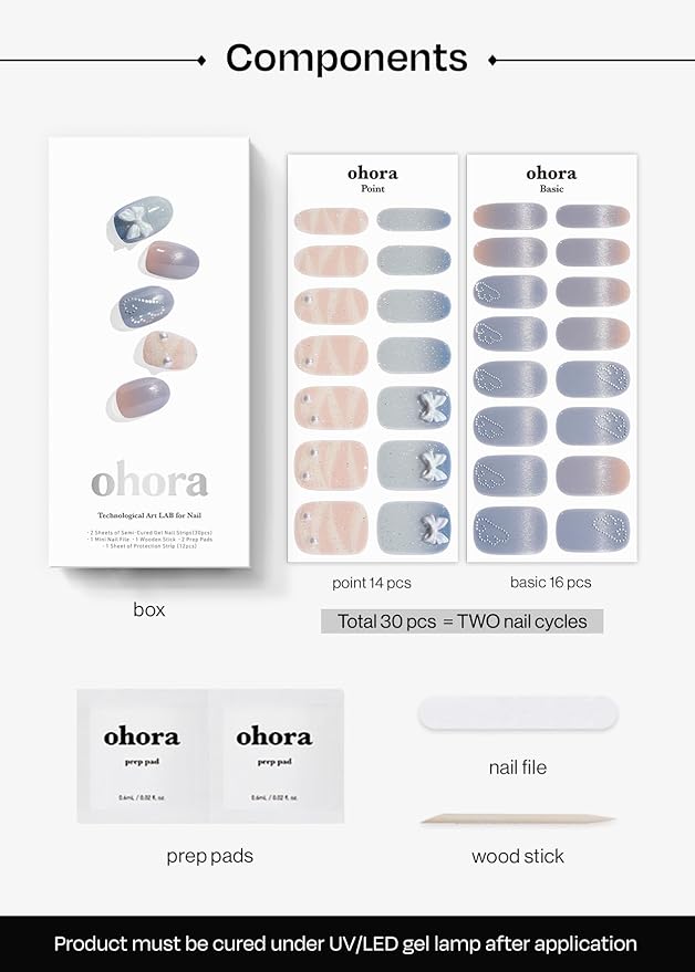 ohora Semi Cured Gel Nail Strips (N Sugar Wing) - Works with Any Lamps, Salon-Quality, Long Lasting, Easy to Apply & Remove - Includes 2 Prep Pads, Nail File & Wooden Stick