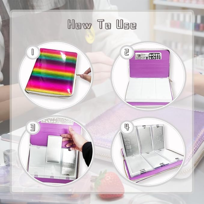 48 Slots Holographic Nail Plates Holder Case Stamping Templates Organizer Retangel Nail Printing Molds Collection Manicure Tool Accessorie-6x12Cm Template Case Rainbow Color
