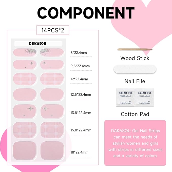 Semi Cured Gel Nail Strips, 28 pcs Nail Gel Stickers Work with Any UV Lights, Long-Lasting Nail Wraps, Stick on Nail Polish for women Easy to Apply & Remove