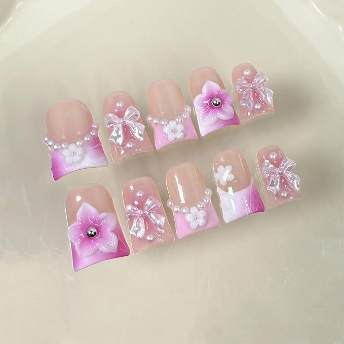 Luxury Handmade Duck Press on Nails Gradient Pink French False Nails with Glue,Medium Fake Nails Bow Art ＆ 3D Flower Design Muti-Layer Gel Thick Press ons Nail Reusable Acrylic Nails for Women(Size S)