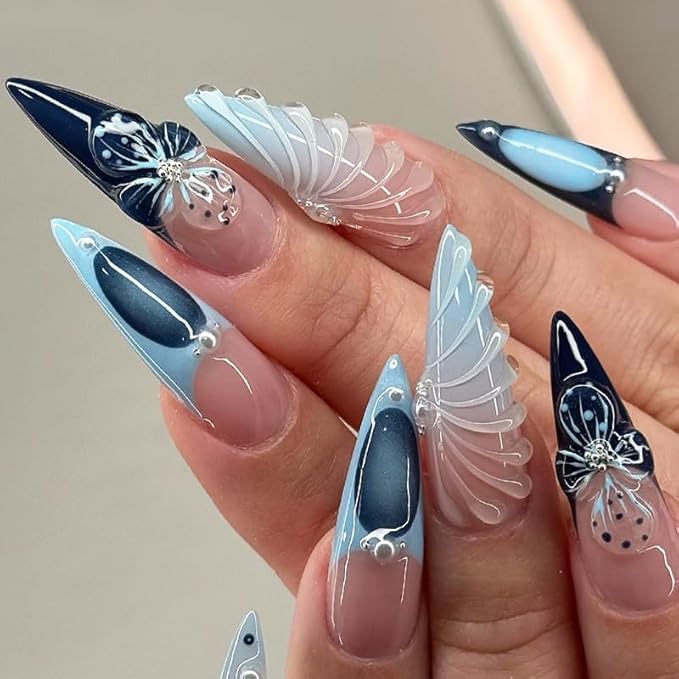 Press on Nails, 3D Blue Wing Design Long Stiletto False Nails with Rhinestone Decor, Reusable Artificial Nail Set for Women (24 Pcs)