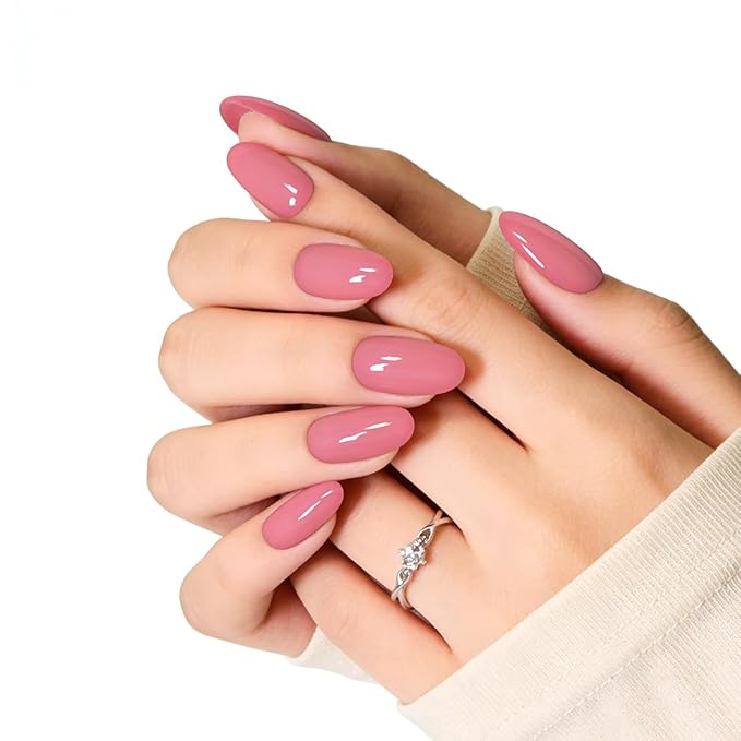 Baby Pink Press on Nails Medium Almond Acrylic Fake Nails, Valentines Solid Color False Nails Set with Varied Sizes for Women Daily Wear