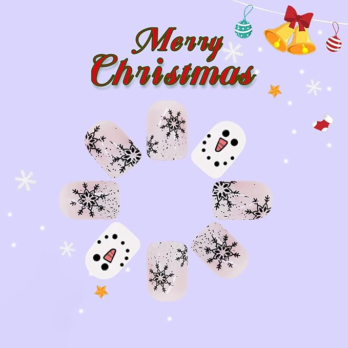 24pcs Christmas Press on Nails Short Square Black Snowflake Designs Cute Snowman False Nails With Glitter Winter Xmas Artificial Nail Decoration for Women Girl