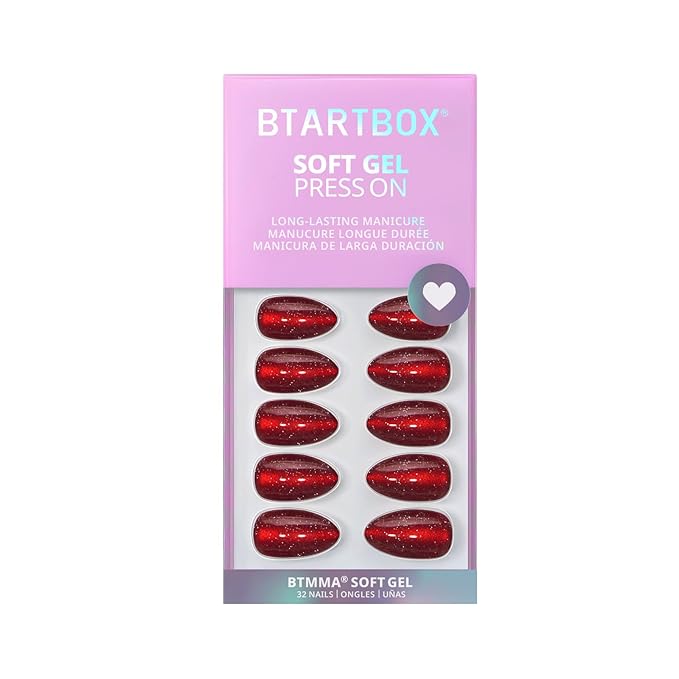 BTArtbox Press On Nails Short - New Red, Sparkle Deep Red Almond Press On Nails with Glue and Adhesive Tabs for Women in 16 Sizes - 32 Soft Gel Glue On Nails Kit