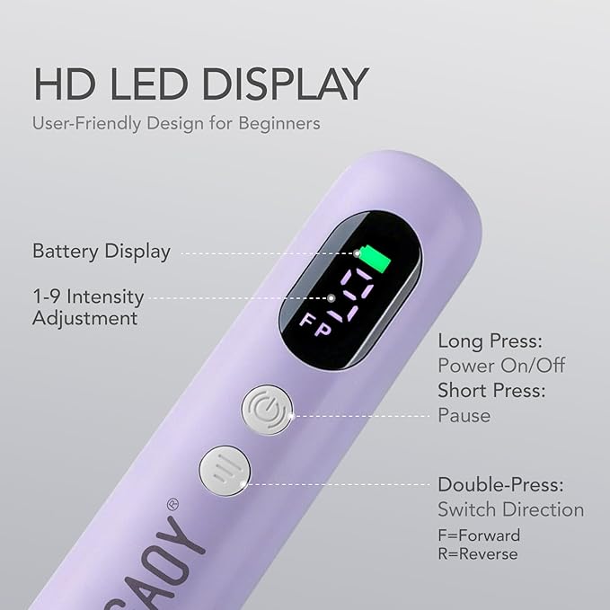GAOY Cordless Electric Nail File, Nail Drill with LED Display for Acrylic Gel Nails, Hand Feet Trimmer Buffer Tool, Violet Purple