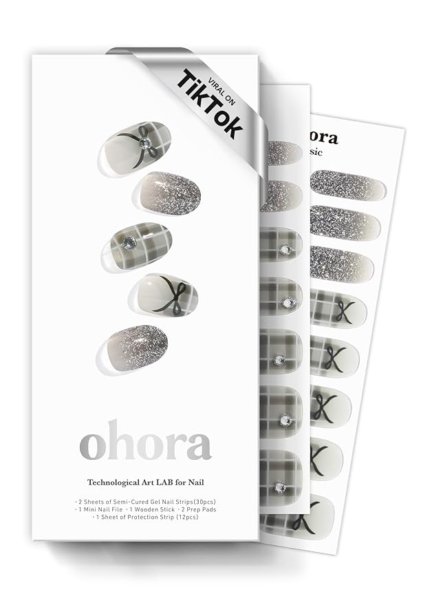 ohora Semi Cured Gel Nail Strips (N Check Noir) - Works with Any Lamps, Salon-Quality, Long Lasting, Easy to Apply & Remove - Includes 2 Prep Pads, Nail File & Wooden Stick