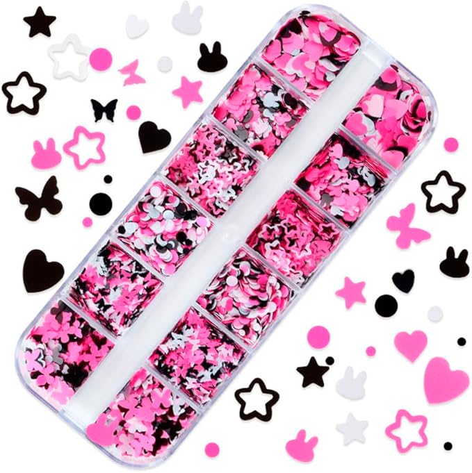 12 Grids 3D Nail Pink Sequins Cute Rabbit Decals Black Shiny Heart Glitter Mixed Shape Sticker Manicure DIY Tips
