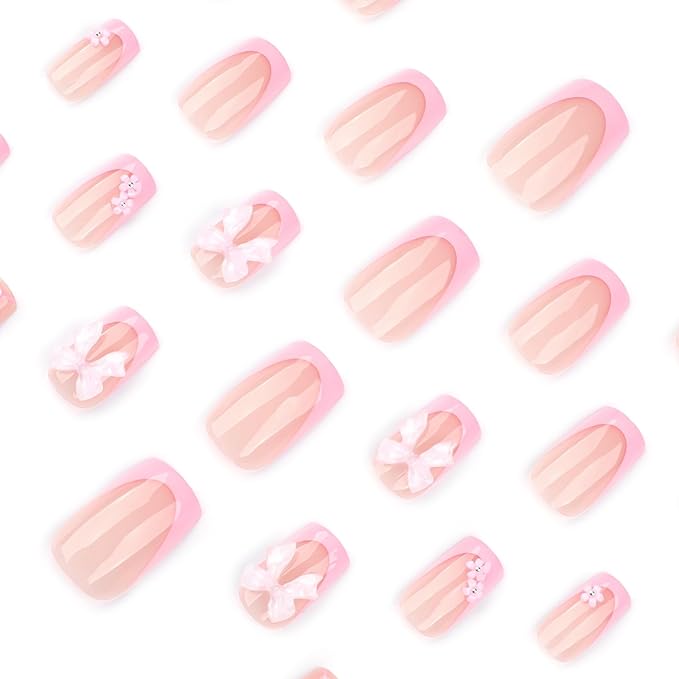 Medium Press on Square Nails - Pink French Tip Fake Nails with Flower Bow Design - Glossy Stick on False Nails for Women - 24 Pcs