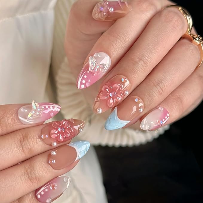Small size Press On Nails - Luxury Almond 3D False Nails Women Reusable ABS Material Finger Printed Nail Tip French Salon Design-S size