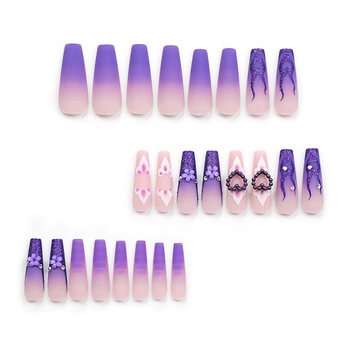 24Pcs CEWEWP Purple Press on Nails Long Coffin False Nails with Pearl Charm Rhinestone Design Glossy Stick on Nails for Women