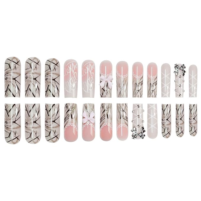 Square Press on Nails Extra Long Fake Nails French Tip Ombre Acrylic False Nails with Charms Bow Designs Long Glue on Nail Marble Artificial Nails Glossy Stick on Nail for Women